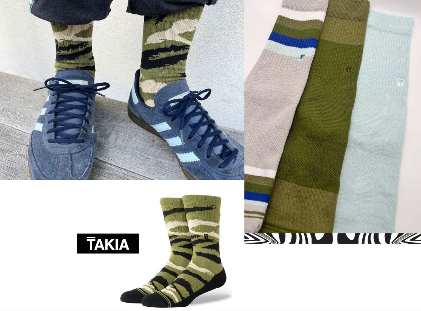 TAKIA Combat camo socks on foot with blue sneakers, a Cyprus 3-pack flat-lay and the Combat crew
