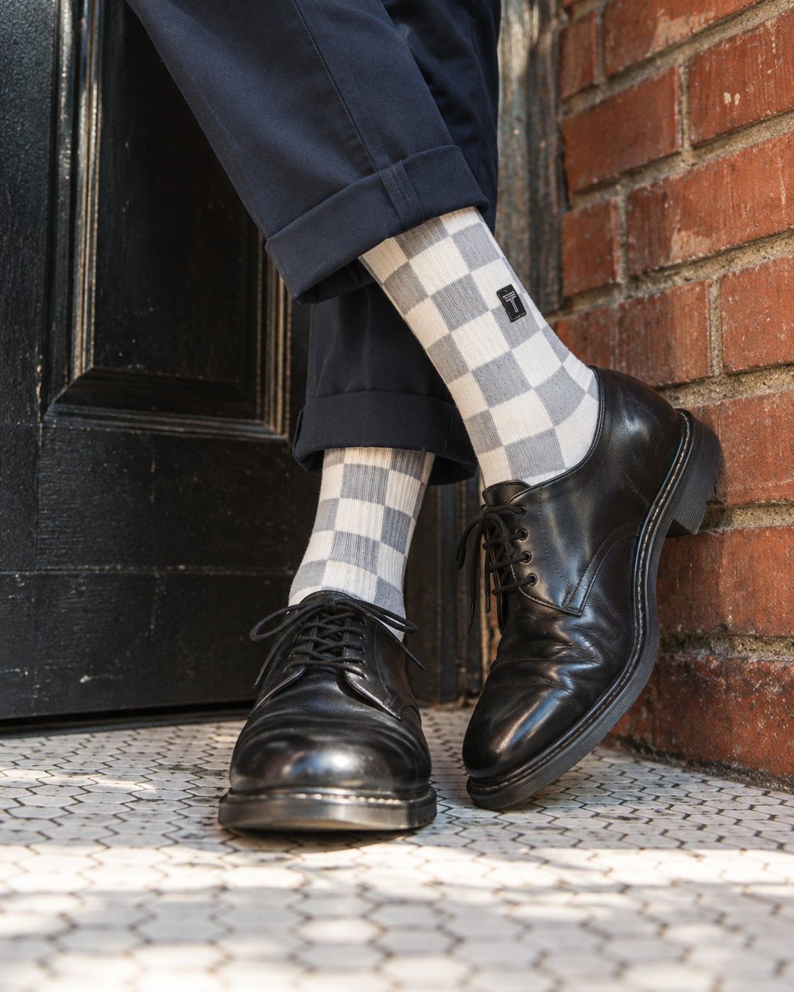 Santa Cruz crew socks styled on foot